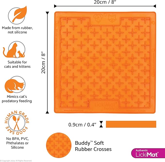 LickiMat Classic Buddy, Cat Slow Feeder Lick Mat, Boredom Anxiety Reducer; Perfect for Food, Treats, Yogurt, or Peanut Butter. Fun Alternative to a Slow Feed Cat Bowl or Dish, Orange