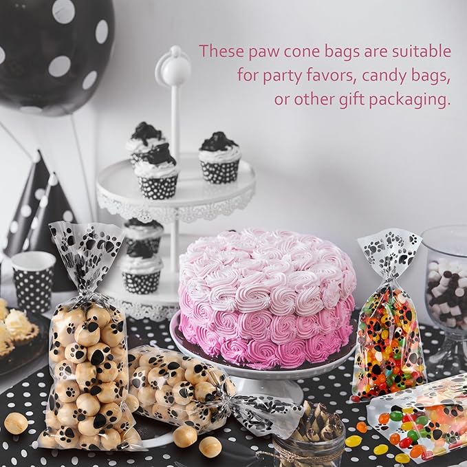 Blulu 100 Pieces Dog Treat Bags Puppy Party Favor Pet Paw Cone Cellophane Bags Candy Heat SealableDog Paw Gift with 100 Pieces Silver Twist Ties for Pet Cat Treat Party Favor(Black)