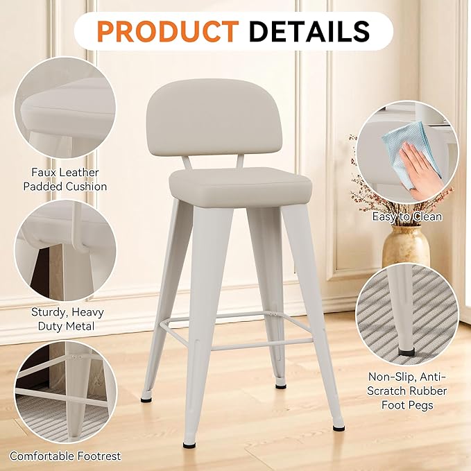 Aklaus PU Leather Metal Bar Stools 30 inch Faux Leather Bar Height Barstools Set of 2 Modern Farmhouse Bar Chairs with High Backs and Faux Leather Seat for Kitchen Island Dining Room Off White