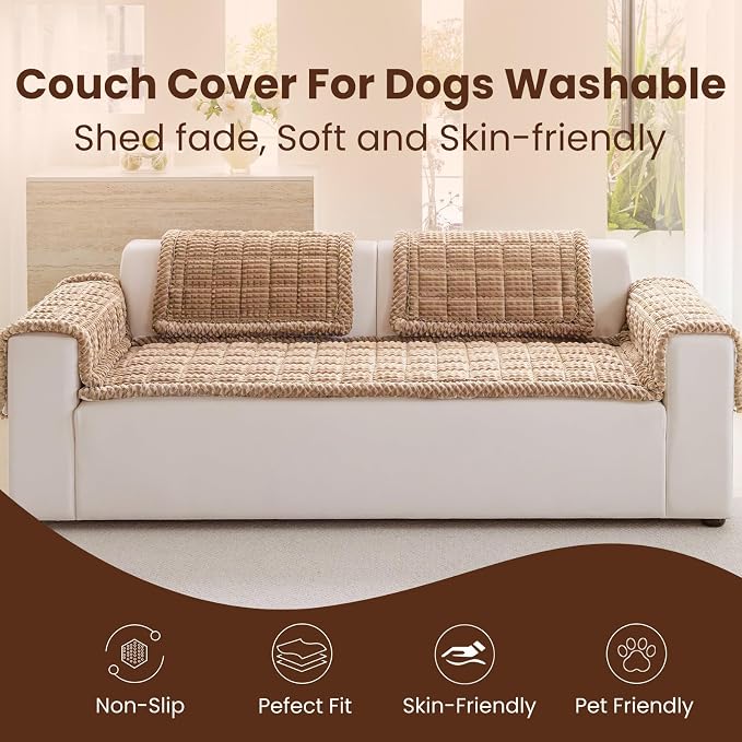 Couch Cover for Dogs Washable, Couch Covers for 3 Cushion Sofa Pet Friendly, Fuzzy Pet Couch Cushion Covers for Dog, Non Slip, Thick, Soft for Sofa Protector (Camel, 27.6" x 82.7"/70 x 210cm)