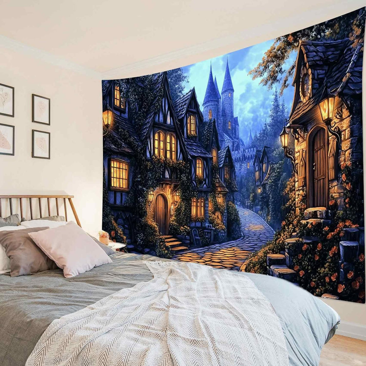 LB Vintage Castle Tapestry, Night Street Old House and Green Tree Wall Tapestry for Bedroom Aesthetic, Village Gothic Wall Art for Living Room Dorm Home Decor Ready to Hanging, 92.5 x 70.9 Inches