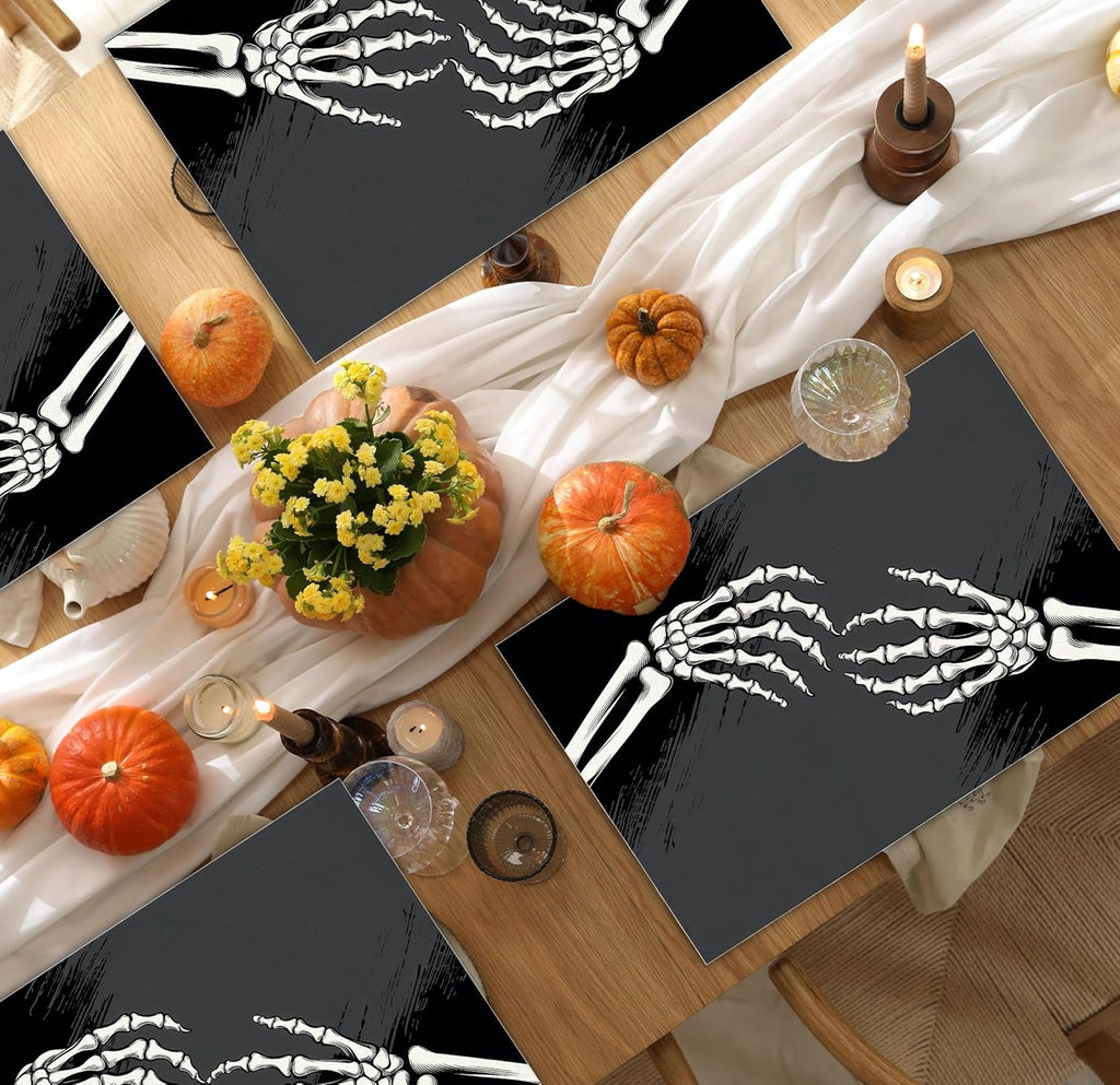 Halloween Skeleton Placemats Set of 4, 12x18 Inch Skeleton Decorative Table Mats, Washable Heat Resistant Place Mats for Kitchen Dining Table, Spooky Themed Decoration for Home-B13