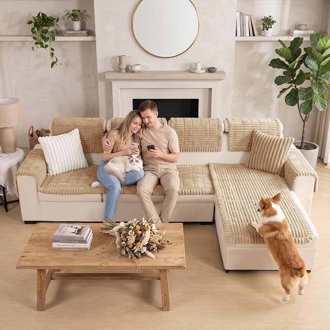 FUANGUI 2 Pack Waterproof Couch Cover for Dogs Pets Sofa Protector | Non-Slip Washable Fuzzy Soft Sofa Slipcover for 2 PCS L Shaped Sofa Pet Friendly, 27.6" x 70.9"+27.6" x 82.7",Khaki