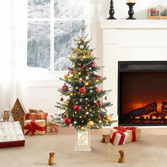 Small Pre-Lit Christmas Tree with LED Lights - 3.5FT Ariticifial Tree with Snowflake Base, Battery Operated & Auto Timer for Home Office Xmas Decor