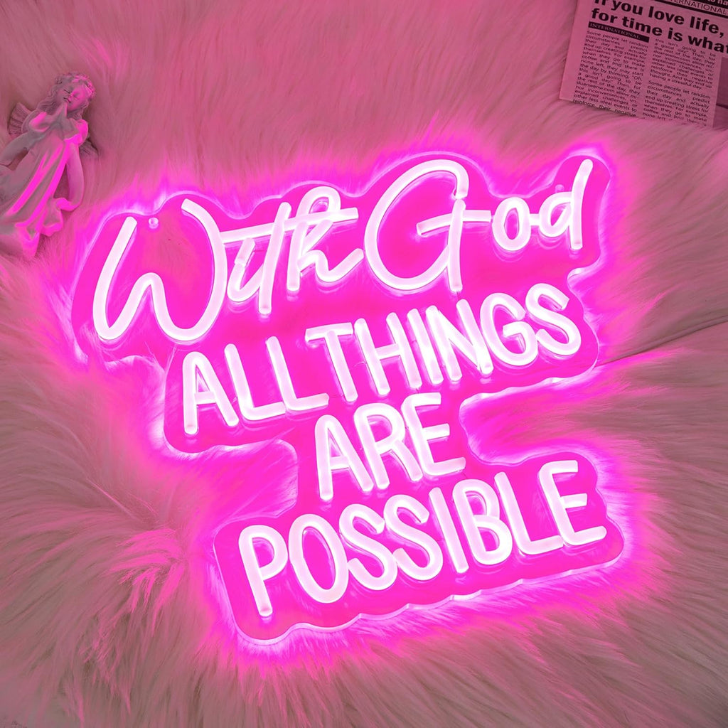 "With God All Things Are Possible" Neon Sign God Neon Light for Wall Decor Letter LED Neon Sign Pink LED Neon Light Dimmable Neon Signs for Bedroom Wedding Church Decoration