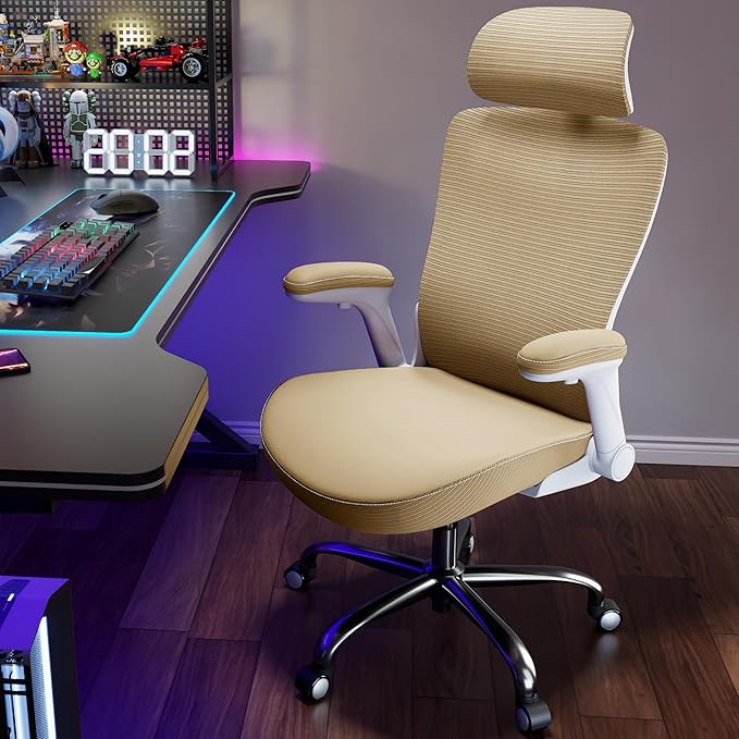Office Home Ergonomic Desk Chair-Computer X-Shaped Chair Mesh PU Leather with Adjustable Lumbar Support-Executive Chair High Back with Headrest Flip-Up Arms for Long Hours (Khaki)