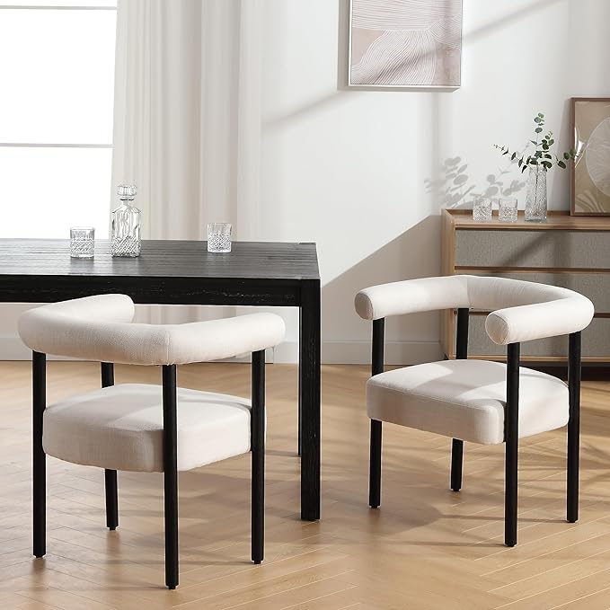Beige Linen Dining Chairs Set of 6, Modern Upholstered Dining Chairs, Curved Backrest Kitchen Dining Room Chairs Accent Chairs Arm Chairs with Black Wood Legs