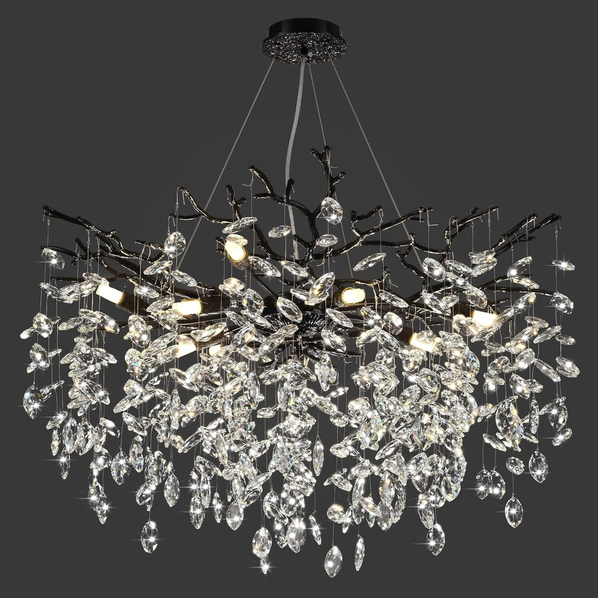 Modern Black Crystal Tree Branch Chandelier, 10-Light 30" Black K9 Crystal Chandeliers for Dining Room, Round Chandelier for Living Room,High Ceiling,Kitchen Island,Foyer,Staircase