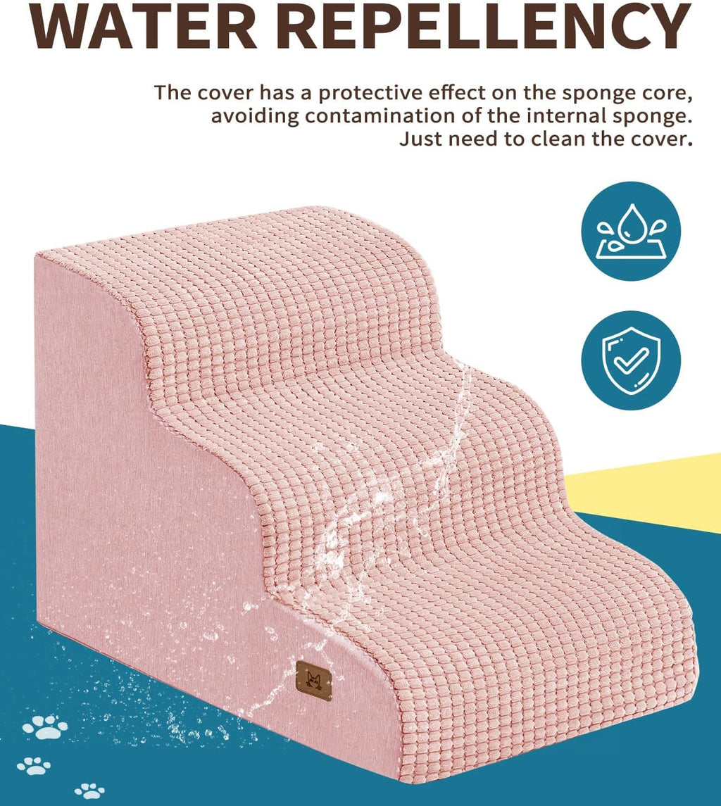 Dog Step for Bed, Dog Stair 3-Step 35D Pet Stair 15.7" H for High Bed or Sofa Non-Slip Balanced Pet Step Indoor, Pink