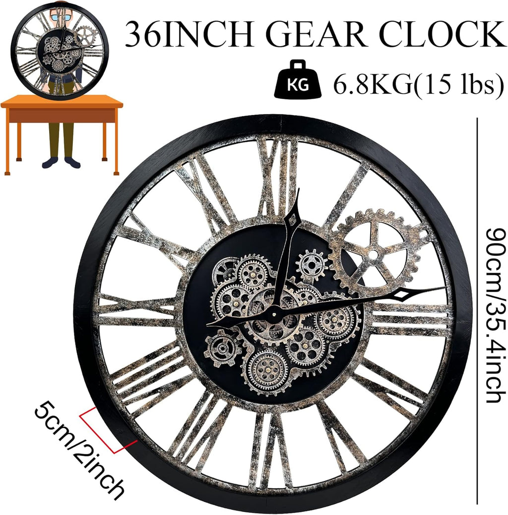 The B-Style 36" Large Moving Gear Wall Clock Oversized Vintage Farmhouse Wall Clocks for Living Room Decor Rustic Industrial Wood Clock (Black and Bronze)