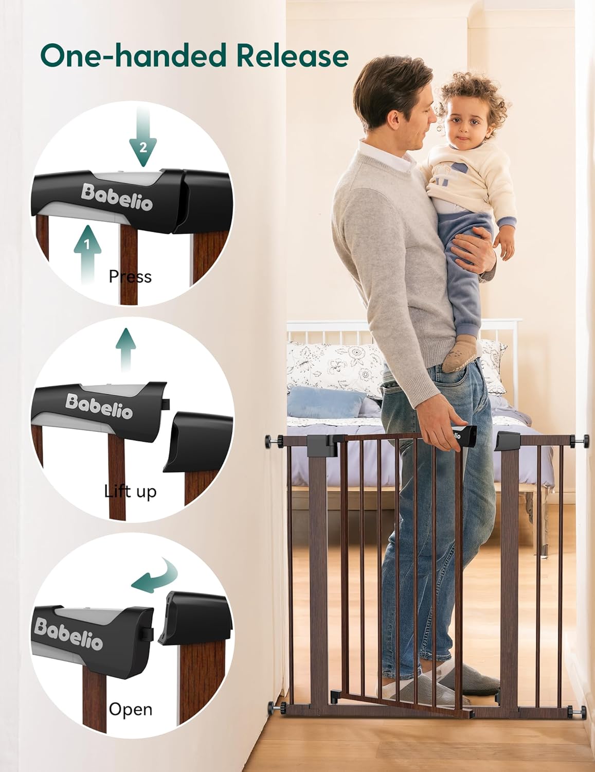 BABELIO Baby Gate with Black Wood Pattern, 29-48 Inch Auto Close Dog Gate for The House, Stairs and Doorways, Pressure Mounted Pet Gate with Door and Y Spindle Rods