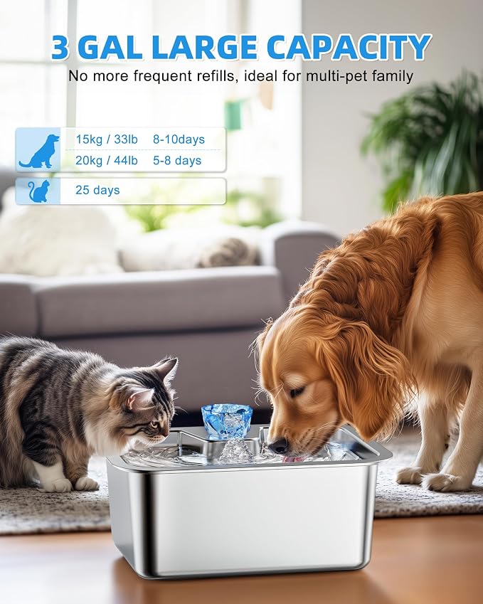 Lesotc Dog Water Fountain for Large Dogs, 11L/3Galon Stainless Steel Large Pet Water Fountain with 4 Filters, Automatic Dog Water Bowl Dispenser, Ultra-Quiet Pump, Ideal for Multi-Pet Home