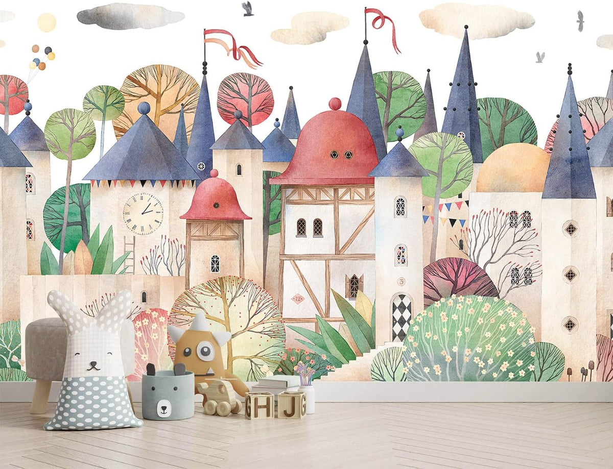 AFZEVEB-Cartoon Watercolor House Nursery Wallpaper Wall murals for Kids Room 136"x96" (Not Peel and Stick)