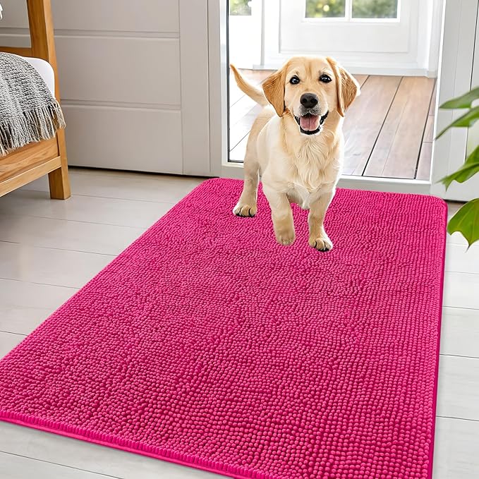 OLANLY Dog Door Mat for Muddy Paws 44x32, Absorbs Moisture and Dirt, Absorbent Non-Slip Washable Doormat, Quick Dry Chenille Mud Mat for Dogs, Entry Indoor Entryway Carpet for Inside Floor, Hot Pink