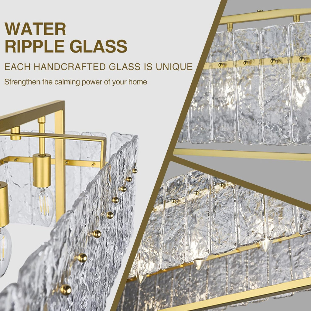 IKK Modern Rectangle Gold Crystal Chandeliers for Dining Room, 42" Large Rectangular Water Ripple Glass Island Light Fixture, Elegant Linear Lighting for Kitchen Island, Living Room, L42 x W11 x H12
