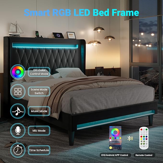 Allewie Upholstered Queen Size Platform Bed Frame with LED Light and Charging Station, Button Tufted High Headboard, Wingback Design, Noise Free, Easy Assembly, No Box Spring Needed, Black