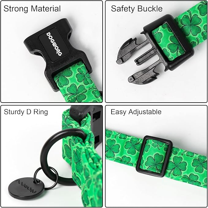 DOGWONG St. Patrick's Day Dog Collar, Green Lucky Clover Shamrock Green Dog Collar Soft Durable Adjustable Costume St. Patrick's Day Lucky Charm Puppy Collar for Small Medium Large Dog