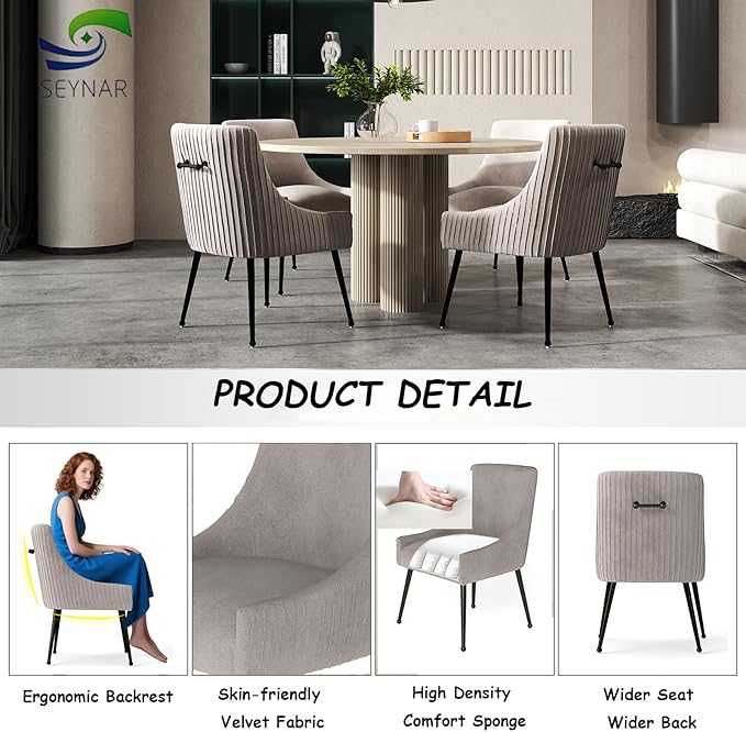 Velvet Dining Chairs Set of 6,Gray Upholstered Living Room Chairs with Black Metal Legs, Modern Tufted Accent Chairs for Living Room, Study Room, Kitchen