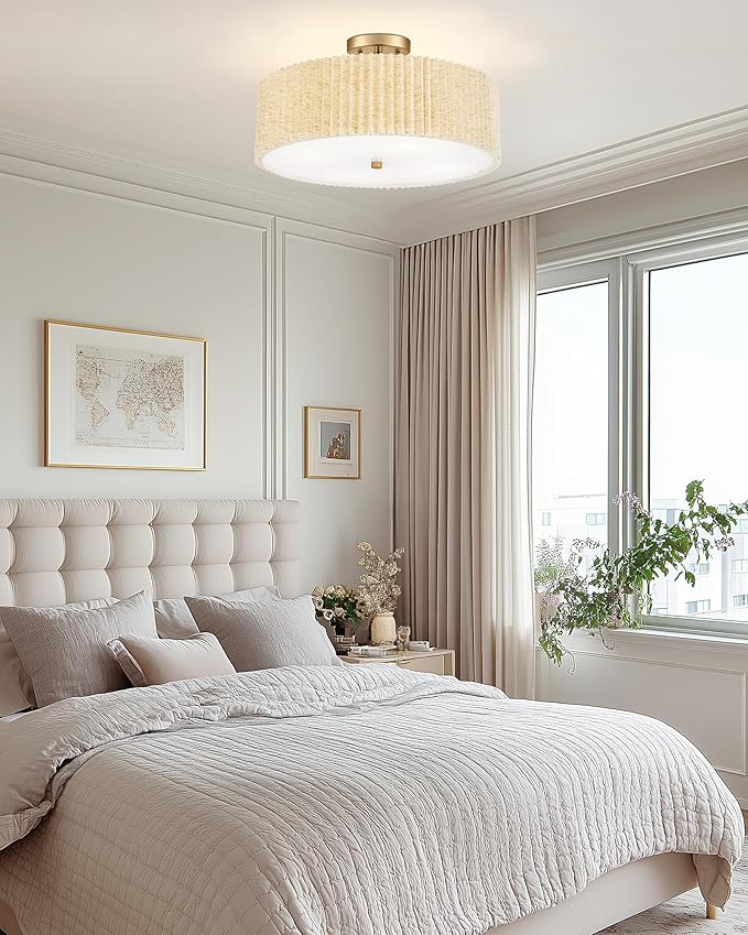 Semi Flush Mount Ceiling Lights, 4-Light 18" Gold Light Fixtures Ceiling Mount with Pleated Linen Fabric Shade, Drum Lighting Fixture for Nursery Hallway Bedroom Kitchen, AD-25036-4SF-GD-B