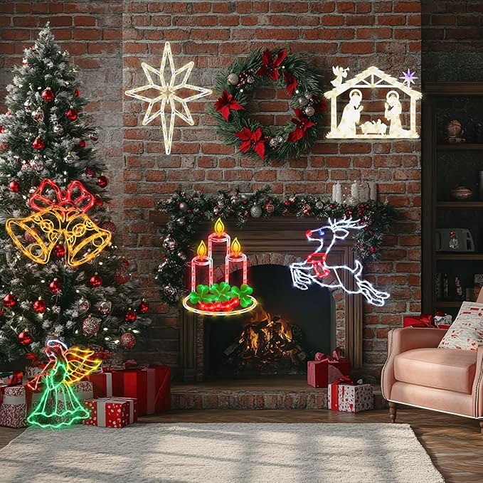 16” Christmas Window Silhouette Lights - 6 Pack Colour Lighted Reindeer ＆ Bethlehem Star ＆ Nativity ＆ Candle ＆ Angel ＆ Bell for Holiday Indoor and Outdoor Wall Door Window Decorate