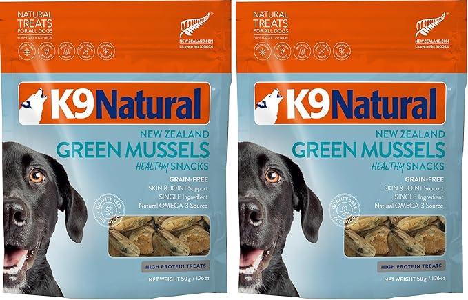 K9 Natural, Freeze-Dried Single Ingredient Dog Treats, High-Value, Low-Calorie Protein Bites for Active Dogs, Healthy Dog Training Treats, Grain-Free Reward, Green Mussles, 1.76oz (Pack of 2)