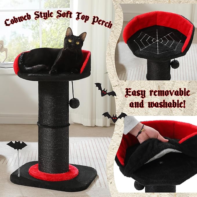 PEQULTI Cat Scratching Post, Gothic Cat Tree, Tall Scratcher for Indoor Cats with Super Thick Scratching Post [Dia=5.5''], Removable Spiderweb Pattern Cat Bed, Scratch Post with Spring Ball, Black