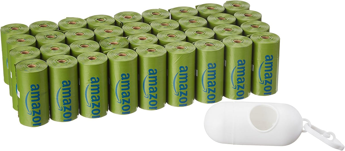 Amazon Basics Dog Poop Bags with Dispenser, 540 Count, Enhanced for Guaranteed Leakproof, Talcum Powder Scented, Includes Leash Clip