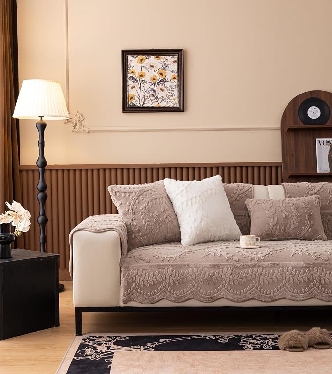Fuzzy Rabbit Plush Sofa Cover Cozy Warm Sofa Couch Covers with 3D Jacquard Leaf Pattern Non-Slip Easy-to-Install Shaggy Sofa Slipcover Prefect for Kids Dogs Cats Cats(Cream Coffee,36"x82")