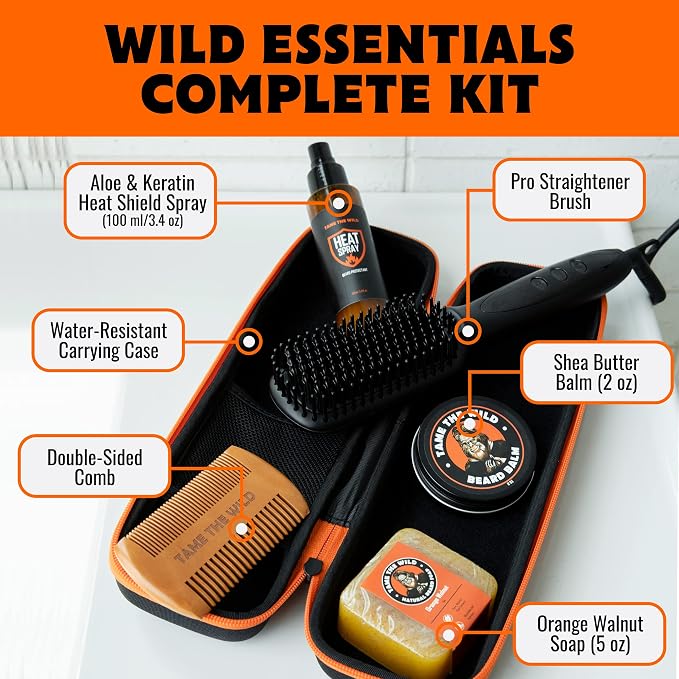 Tame The Wild Pro Beard Grooming Kit for Men - Heated Straightener with 12 Temp Settings, Heat Protector Spray, Soap, Balm, Comb & Travel Case - Gift Set