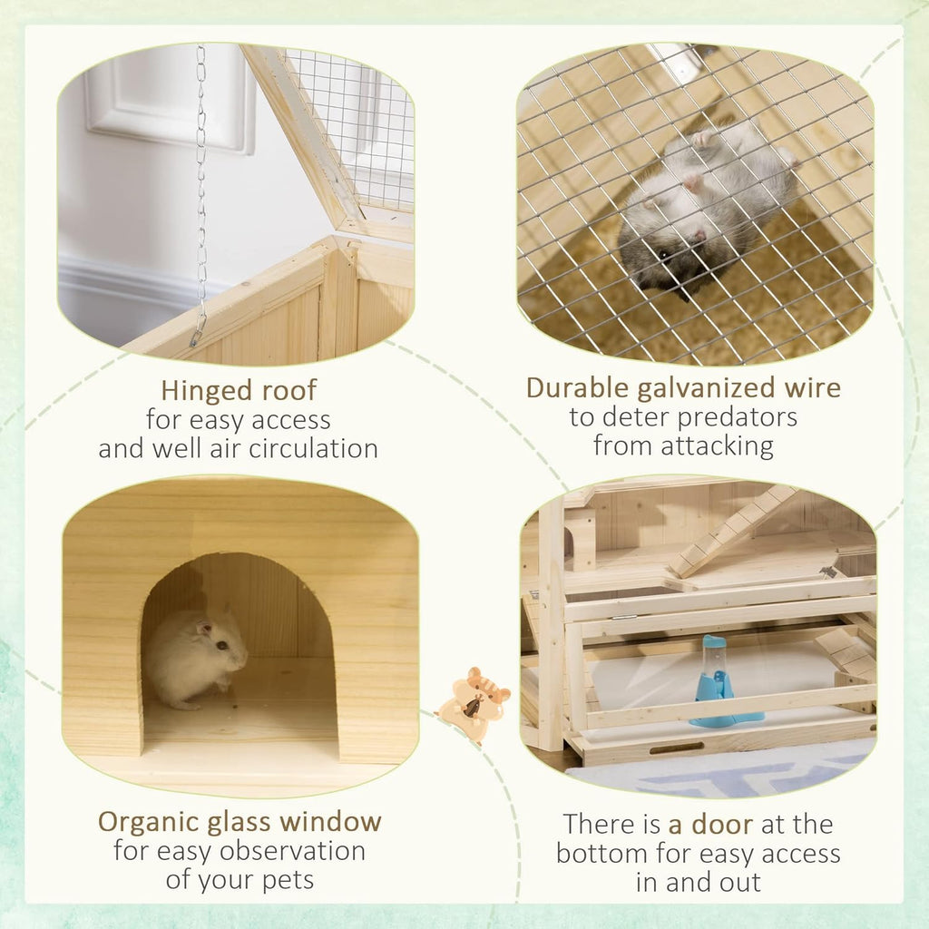 PawHut Wooden Large Hamster Cage Small Animal Exercise Play House 3 Tier with Tray, Seesaws, Water Bottle, Activity Center, Natural