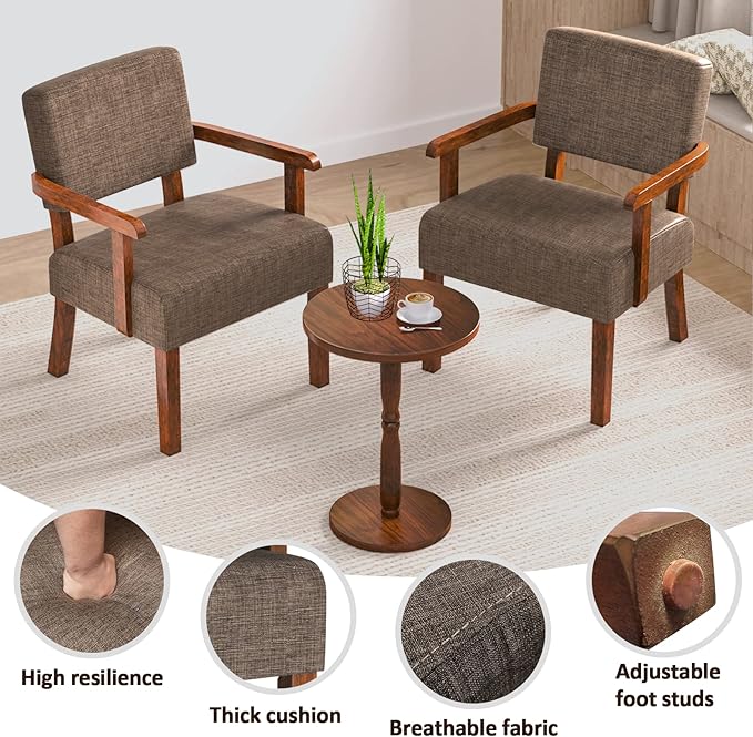 Accent Chair Set of 2 with Table, Living Room Chairs with Soft Seat & Armrests for Living Room Bedroom Reading Room Waiting Room (Brown), (AC01)