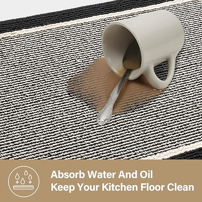 GRANNY SAYS Kitchen Mats for Floor, Kitchen Rugs Non Slip Washable, Runner Rugs for Kitchen Floor, 59" x 17.7", Stain Resistant Comfort Standing Mat Made of 100% Polypropylene, Black - White Stripes