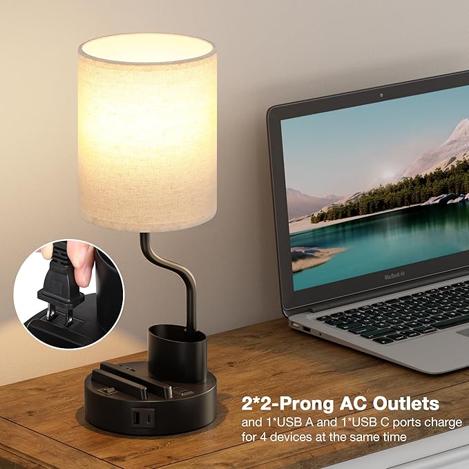 Bedside Table Lamps for Bedroom Set of 2 - Nightstand Light with AC Outlet and USB A & C for Charging, 3 Color Temperatures, Study Desk Lamp with Pen Holder & Phone Stand for Living Room/Dorm/Office