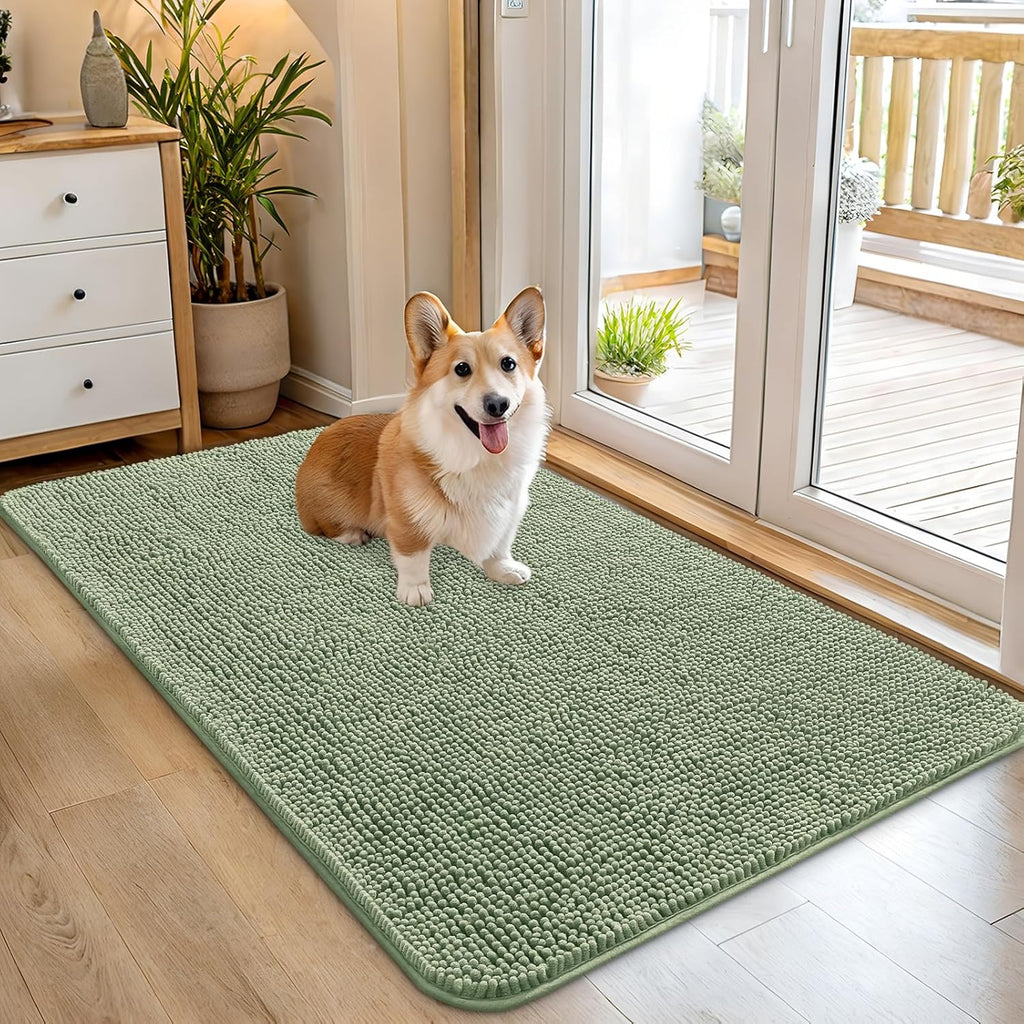 OLANLY Dog Door Mat for Muddy Paws 45x27, Absorbs Moisture and Dirt, Absorbent Non-Slip Washable Doormat, Quick Dry Chenille Mud Mat for Dogs, Entry Indoor Entryway Carpet for Inside Floor, Sage Green