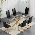 Modern Glass Dining Table Set for 6, Gold Glass Kitchen Table and Chairs Set of 6, 7 Piece Dining Room Table Set with 61" Rectangular Metal Glass Dinner Table and 6 Black Leather Dining Chairs