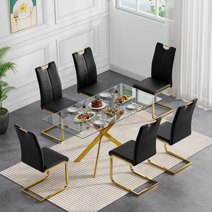 Modern Glass Dining Table Set for 6, Gold Glass Kitchen Table and Chairs Set of 6, 7 Piece Dining Room Table Set with 61" Rectangular Metal Glass Dinner Table and 6 Black Leather Dining Chairs