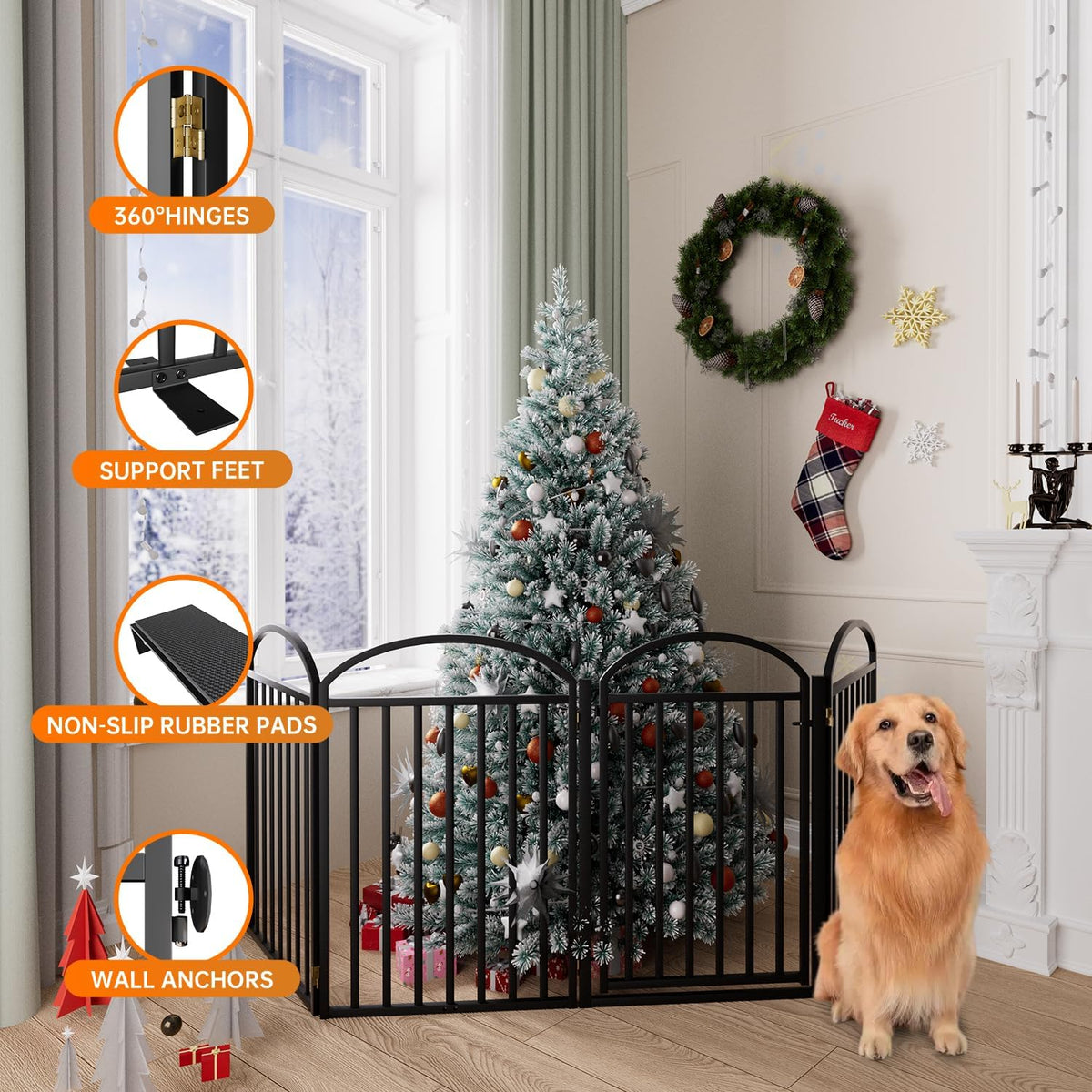 4 Panles Full Matel Freestanding Dog Gates with Door, 96"Extra Wide 32"Tall Free Standing Dog Pet Gate for Indoor & Outdoor. Foldable Pet Fences for Doorways, House, Stairs, Porch, Deck, Yard
