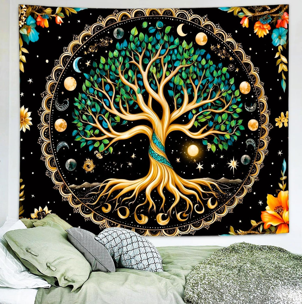 Delur Tree of Life Tapestry Moon Phase Nature Flower Plant Tapestry Wall Hanging Boho Mandala Spiritual Sun Aesthetic Psychedelic Headboard for Bedroom Living Room Home Decor (59.1" x 78.7")