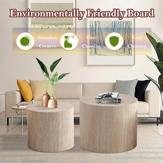 Stylish Nesting Coffee Table Set of 2, Elegant Chic Round Wooden Center Table - Smooth Finish & Easy to Clean, No Assemble Needed (E)