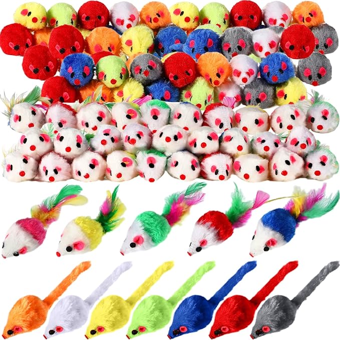 Syhood 120 Pcs Fur Mice Cat Toys Catnip Mouse Toys with Rattle Sound for Cats Mini Mice for Indoor Pets Kitten Interactive Play Assorted Color
