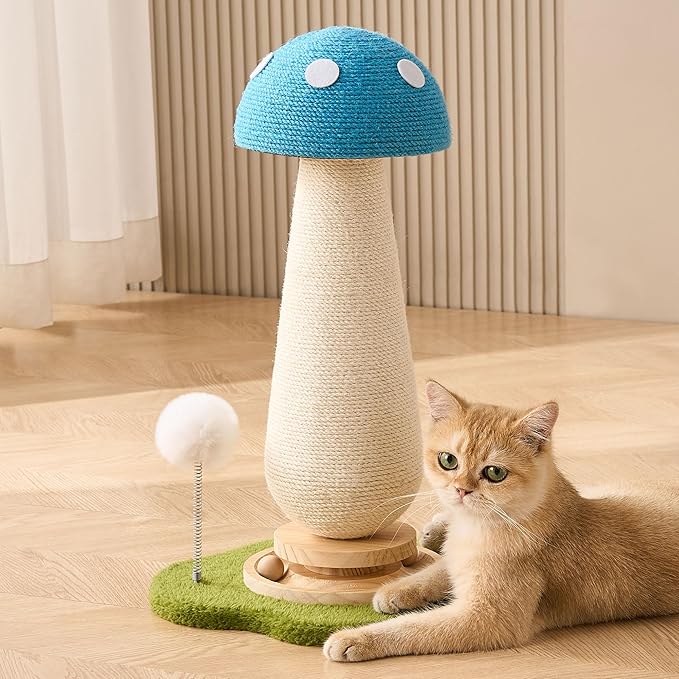 Mushroom Cat Scratching Post Cat Tree, 21.5‘’ H Cute Cat Scratcher Tower with Durable Solid Wood Turntable Toy, Mushroom Scratch Post Cat Sisal Scratcher with Catnip for Indoor Adult Cats-Blue