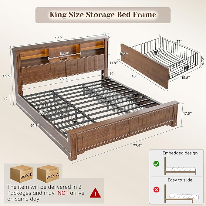 EnHomee King Size Bed Frame and Headboard & Storage,4 Drawers and LED Built in Charging Station King Bed Frame with Storage Farmhouse, NO Noise,No Box Spring Needed,Brown
