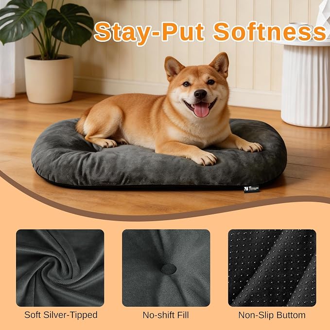 Washable Oval Small Dog Bed, Silver-Tipped High-Resilience, Dark Gray | Non-Slip Bottom Prevents Sliding,Soft Plush Short Fur,Machine Washable Cushion,Ideal for Crates & Small Spaces,23"x17"x2.8"