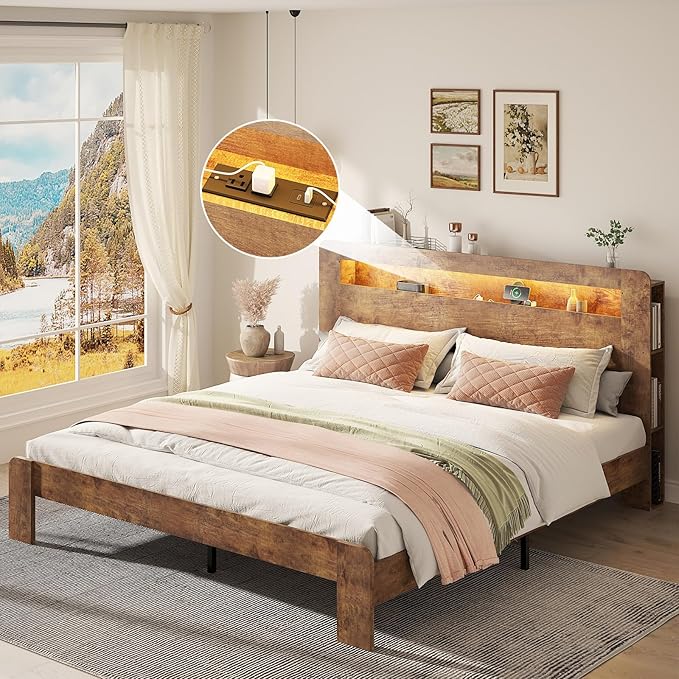 Wooden Bed Frame King Size with Storage Headboard - Farmhouse Platform Bed Frame with Bookcase Shelf & Led Lights, Sturdy Wood Slat Framework Bed Frame (Rustic Brown LED)