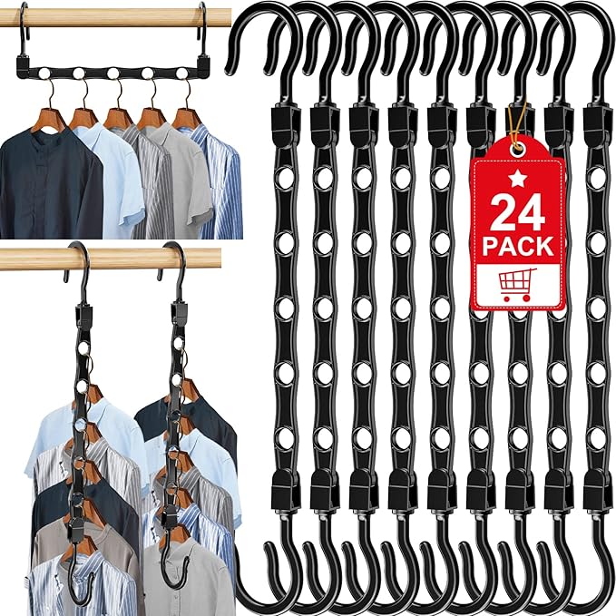 24 Pack Hangers Space Saving Magic Space Saver Storage Smart Plastic Clothes Hanger Organizer Closet Organizers and Storage for Closet Wardrobe Apartment College Dorm Room Essentials, Black