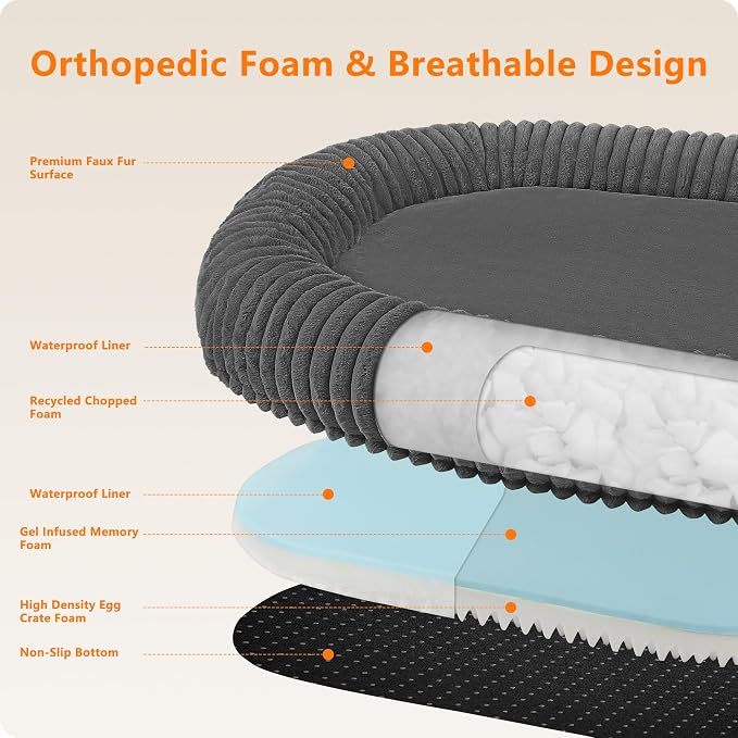 Orthopedic Waterproof Medium Dog Bed Sofa, Gel Memory Foam, 36" | Reversible Egg-Crate Foam Cushion Dog Sofa, Washable Corduroy Fleece Pet Bed, Removable Cover & Non-Slip Bottom, Medium Grey