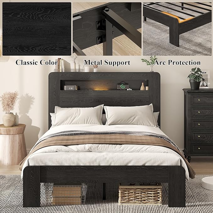Wooden Bed Frame Full Size with Storage Headboard - Farmhouse Platform Bed Frame with Bookcase Shelf & Led Lights, Sturdy Wood Slat Framework Bed Frame (Black LED)