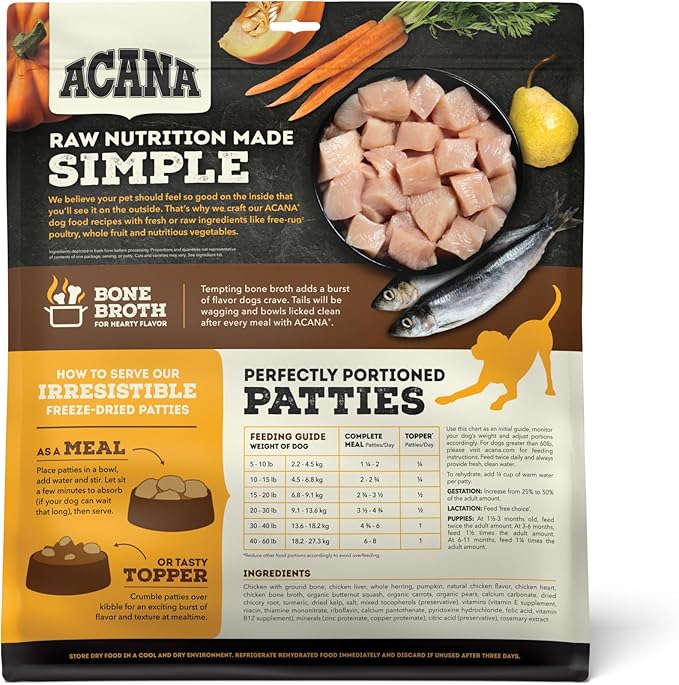 ACANA Grain-Free High Protein Freeze Dried Dog Food & Topper Free-Run Chicken Recipe Patties 14oz Bag