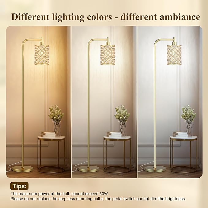 QiMH Industrial Floor Lamp for Living Room, Modern Standing Lamp with Crystal Lampshade Pedal Switch, 67” Tall Lamp for Bedroom Study Room, Gold(2700K LED Bulb Included)