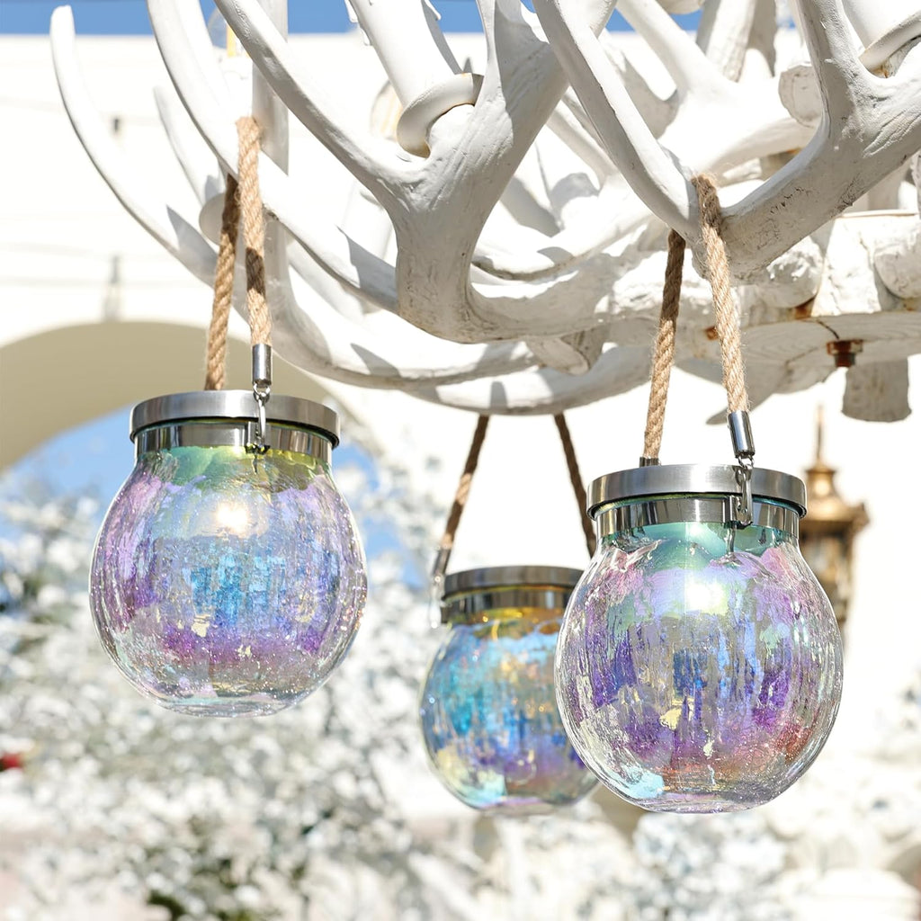 Cooo 2 Pack Solar Lantern Outdoor Waterproof Iridescent Crackle Glass with 215% Larger Solar Panel, Stainless Steel Lid – Rainbow Glass Hanging Light with Cool White LED for Garden Patio Table